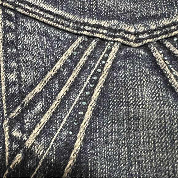 7 For All Man Kind Denim Jean Mini Skirt Sunburst Crystal Embellished Pockets 29 - Picture 4 of 12